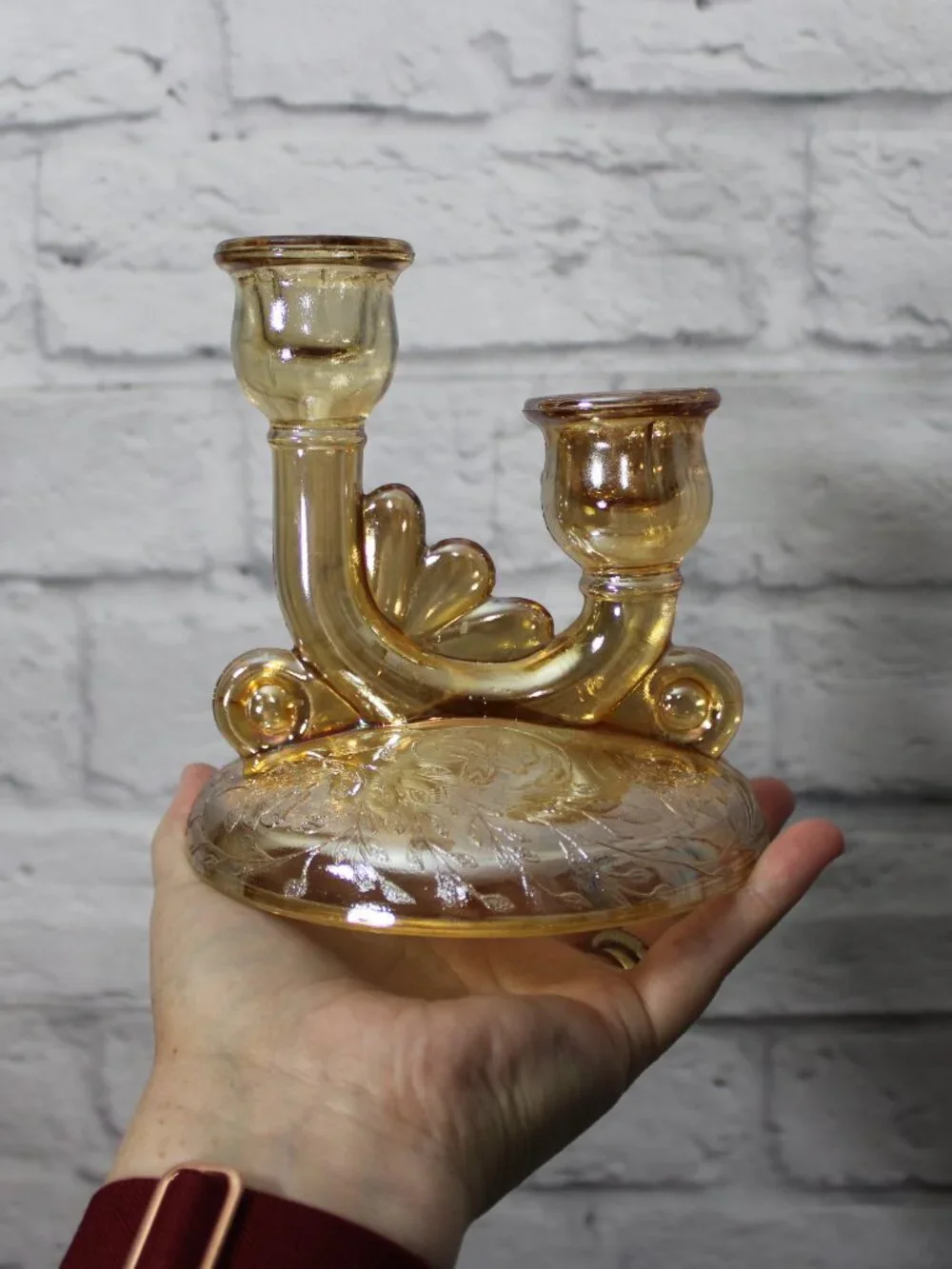 Vintage 1950's Floragold Double Candlesticks Set of 2 Jeannette Glass